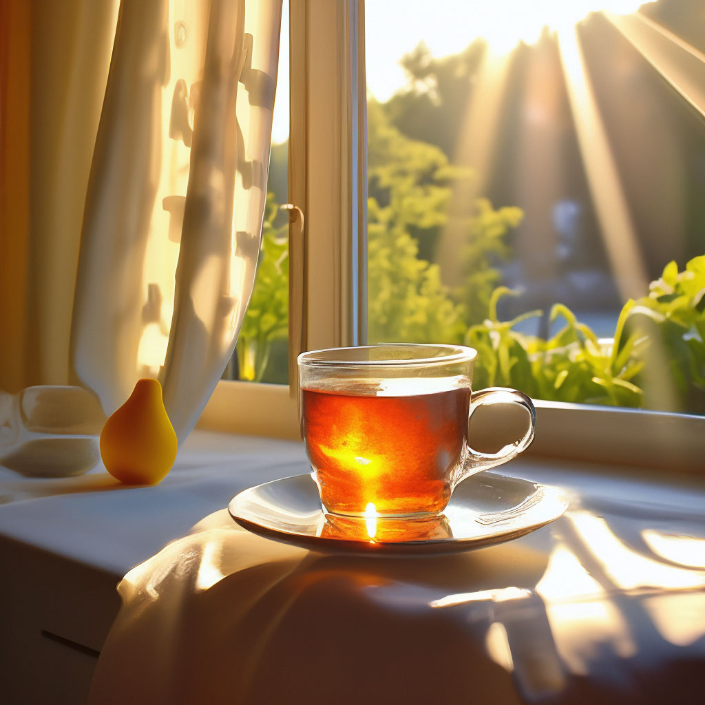 A warm cup of tea on a wooden tray with soft natural light from a window